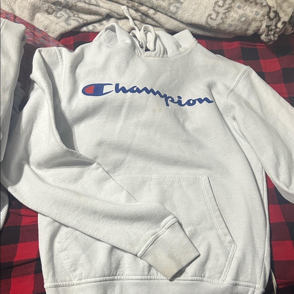 Champion Classic White Hoodie with Blue and Red Logo